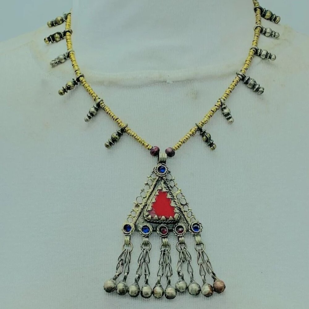 Vintage Kuchi Tribal Necklace: Triangular Amulet Pendant, Beaded Chain